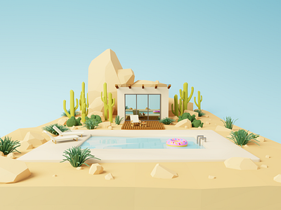 Jump in! 3d 3d art 3d blender 3d model 3d modeling background blender blue sky desert deserthouse graphic design illustration lowpoly pool render summer summertime swimming vacation wallpaper