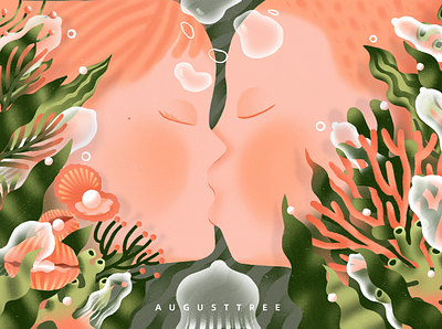 邂逅 character coral design flat green illustration kiss pearl pink procreate undersea