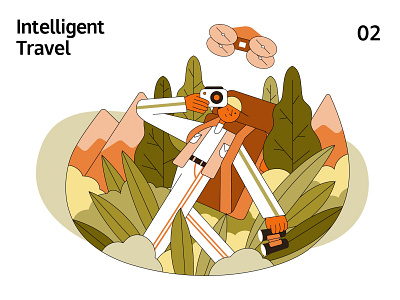 Intelligent Life 01 Travel camera character design digital flat forests green illustration lineart orange pink vector yellow