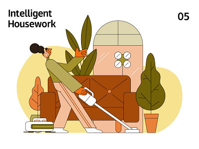 Intelligent Life 05 housework ai character design flat green illustration illustrator lineart orange pink sofa trees vector yellow