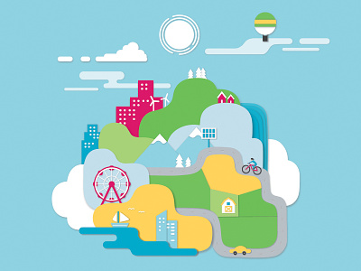 floating city city clouds culture cutout illustration minimalist round rounded rural shadow urban
