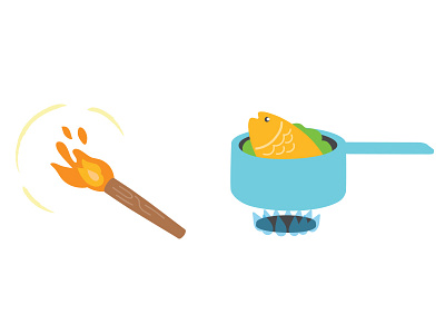 Technology: food cartoon children cooking fire fish flame food icon kids prehistoric technology wood