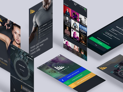 Fit Radio App Screens app creative flat grid material mobile app orange ui ux web web app web design