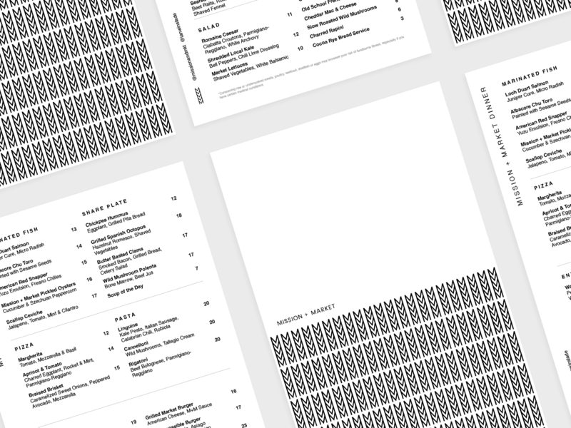 Mission + Market Restaurant Menu Design brand and identity brand assets branding food food and beverage identity minimal restaurant restaurant menu typography