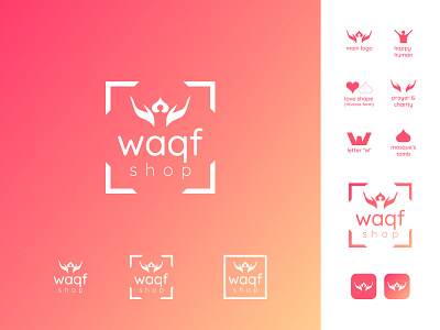 Waqf shop logo branding charity concept corporate design gradient graphic design happy human logo logo inspiration love minimal mosque negative space negative space logo organization pink shopping warm