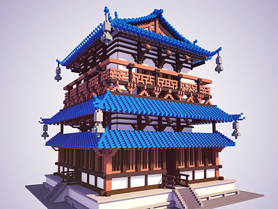 Temple Ikaruga 3D 3d 3d art cubes japan japanese japanese culture voxel voxelart