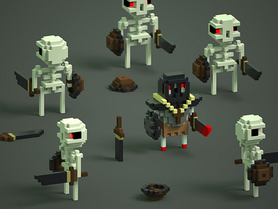 Warrior skeletons 3D 3d 3d art character design cubes game art voxel voxelart