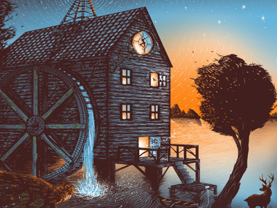 Dave Matthews Band deer fox grist mill illustration screenprint sunset tower