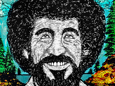 We're Gonna Make Some Big Decisions In Our Little World bob ross hand made joy of painting landscape painting screen print wood cut zeb love