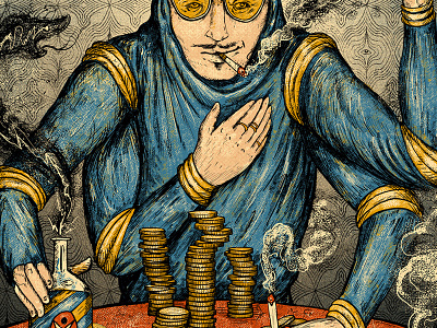 Vegas bottle cards coins gambling genie gigposter magic potion silkscreen smoke snakes