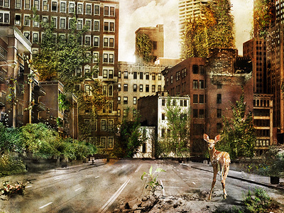 Overgrown album design apocalyptic city deer photo manipulation plants post victory records zeb love