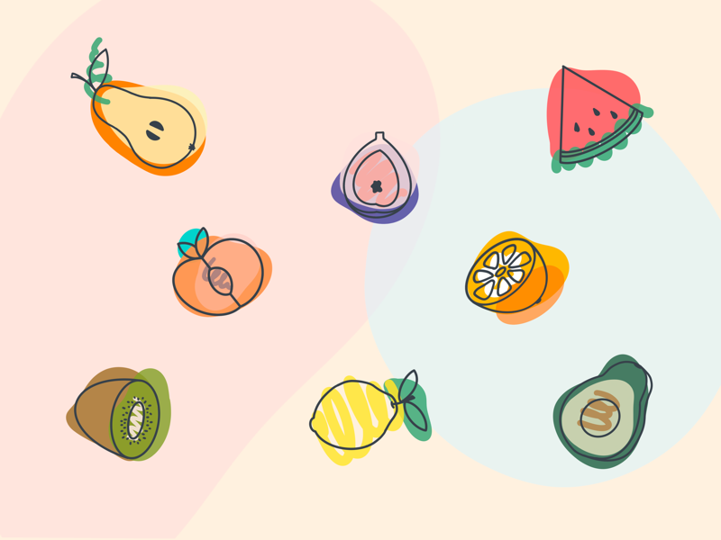 Vitamins doodles doodle blobs pear watermelon fig kiwi peach orange avocado lemon icons illustration ipad procreate fruit fruits tutti frutti vitamins
