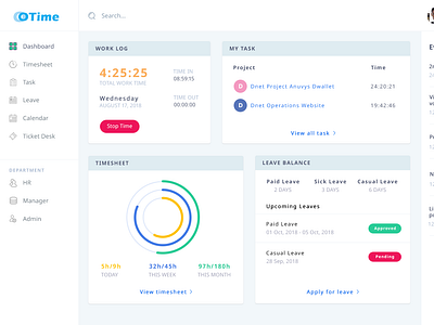 Otime dashboard employee engagement time management timesheet ui ux