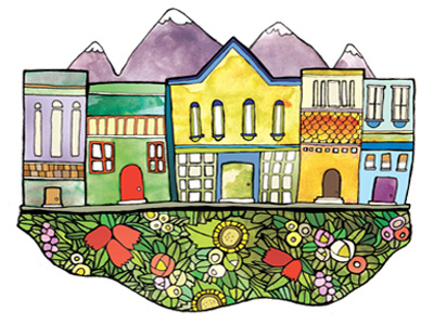 Townscape for wedding invitation buildings colorful cute drawn flowers hand mountain mountains street town