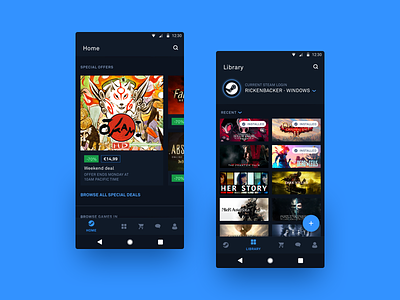 Reimagining Steam – Android android blue dark mode gaming glow material steam ui ux