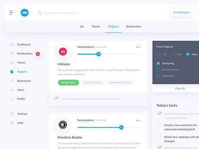 Projects UI activity dashboard post progress projects search share task management team ui ux web