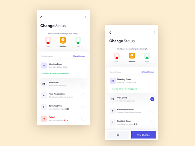 Change Lead Status agenda agents app booking card change clean filter interface lead management minimal mobile move product design rating search status ui ux