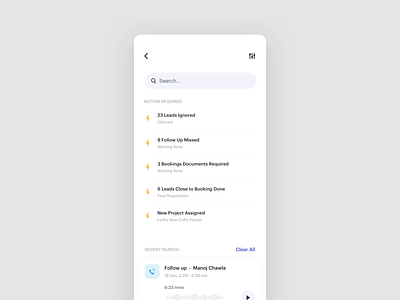 Search & Filter Screen! activity alerts animation call card clean events filter input interaction interface minimal mobile motion search search results text field timer ui ux