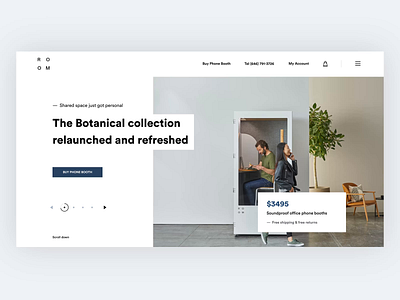 Room - Home Page animated animation branding design clean experience design home landing page minimal motion phone booth responsive design room ui user interface ux web website