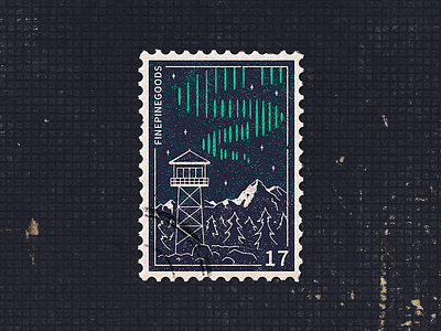 Nother lights stamp sticker firewatch forest illustration landscape lookout tower mountains nothern lights stamp sticker tower vintage