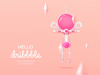 Hello Dribbble alien character debut first shot illustration invite space vector