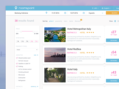 Search screen for Roomspoint app booking filter hotel room search travel ui ux web