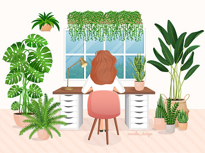 The girl works in the interior with plants