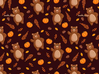 Seamless autumn pattern with bears 2d adobe illustrator animal art autumn bear cartoon character design digital art flat graphic design illustration pattern postcard print pumpkin seamless texture vector