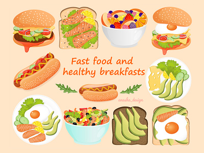 Illustrations of fast food and healthy breakfasts