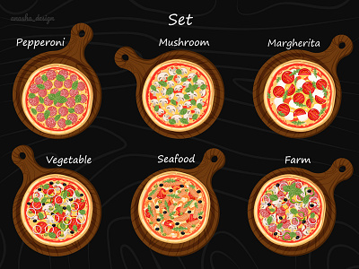 Vector illustration of various pizzas 2d adobe illustrator branding cartoon cheese design digital illustration fast food flat food graphic design hot illustration italian food junk food pepperoni pizza pizzeria slice vector