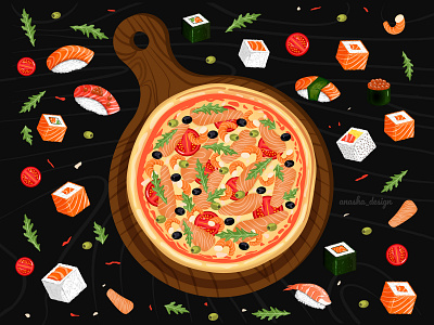 Vector illustration of sea pizza and sushi