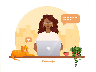 Vector illustration of character working at the computer 2d adobe illustrator branding business character computer design girl graphic design icons illustration job meeting office person remote ui vector work workplace