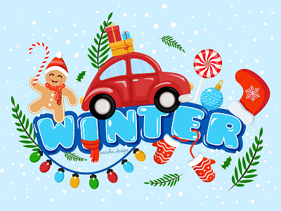New year and christmas illustration🎄 2d adobe illustrator car card cartoon character christmas cold design gingerbread graphic design illustration new year red car snow typography ui vector wallpaper winter