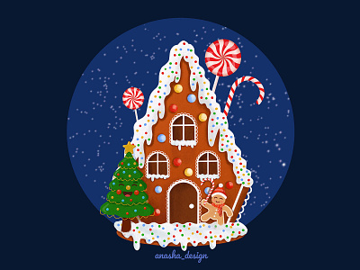 Gingerbread house illustration🏠 2d anasha design art branding cartoon character christmas christmas tree design gingerbread gingerbreadman graphic design illustration postcard print procreate raster snow winter xmas