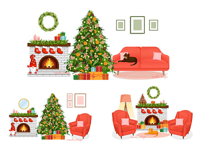 Cozy Christmas interiors! 2d adobe illustrator armchair branding cartoon cat character christmas design fireplace flat graphic design holiday home house illustration interiors mood postcard winter
