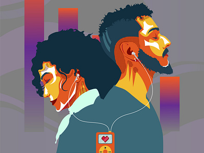 Couple Listen Music Together Vector Drawing