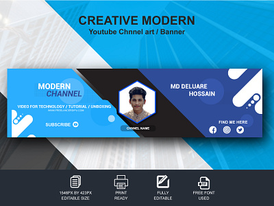 Creative Modern YouTube Channel Cover / Banner Design. banner design brand brand identity brand logo brand logo design branding chnnel art cover art cover design design freelancerdipu graphic design