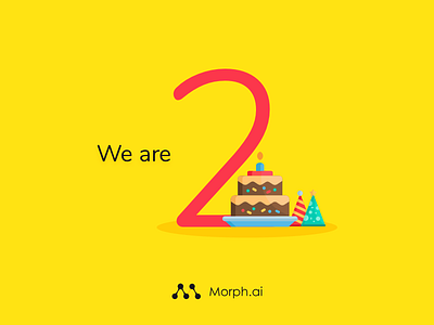 Morph.ai turns 2 2 year old birthday cake celebration flat graphic illustration morph.ai party yellow