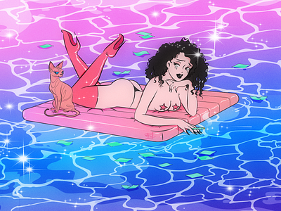 Aída Rojo cat digitalart illustration pin up pool sexy