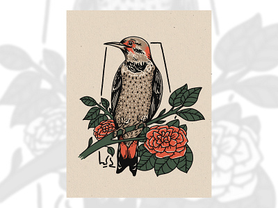 Northern Flicker alabama birds camellia design drawing flowers illustration northernflicker statebird stateflower