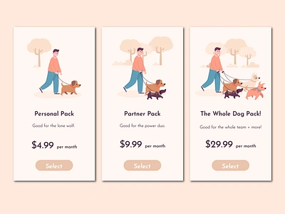 Pricing 030 app buy dailyui dailyuichallenge design dog doggy illustration illustrator minimal mobile package price price tag prices subscription team ui website