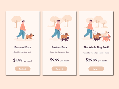 Pricing 030 app buy dailyui dailyuichallenge design dog doggy illustration illustrator minimal mobile package price price tag prices subscription team ui website