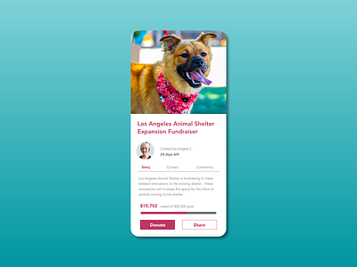 Crowdfunding Campaign 032 adobexd animal crowdfunding cute dailyui dailyuichallenge design dogs donate fundraiser fundraising minimal mobile money share shelter ui