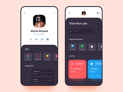 Job Search App 006 app company dailyui dark ui experience find job mobile profile search skills ui ux