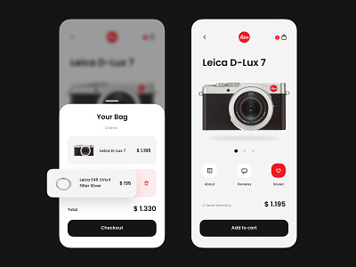Leica e-commerce App 016 app bag cart checkout dailyui ecommerce icon leica mobile photography popup shop ui ux