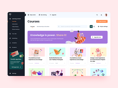 The Thinkific app. Knowledge is power 3d app challenge dashboard design icon illustration instructor knowledge learning lesson mentor pink platform playoff purple training ux web web app
