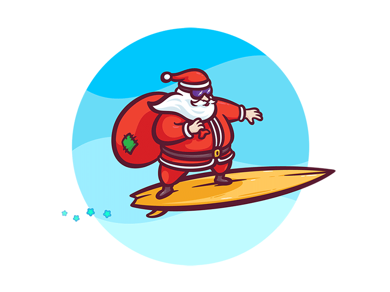 Santa is coming animation beard character christmas claus gif illustration santa sky stars sunglasses surfing