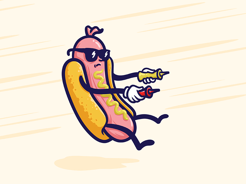 Shooting hot dog animation character flight hot dog illustration ketchup mustard sausage shoot slow motion sunglasses