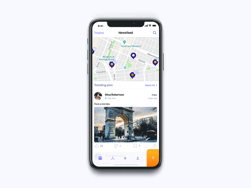Located News App ios locate map marker mobile network news photo social ui ux xd
