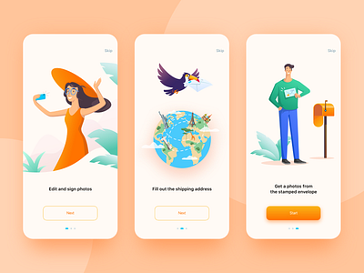 Graphie App. Onboarding app character delivery earth illustration ios mobile onboarding photo post tucan ui ux vector